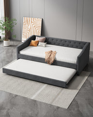 Twin Size Daybed with Twin Size Trundle Upholstered Tufted Sofa Bed, with Button on Back and Copper Nail on Waved Shape Arms-Dark Grey