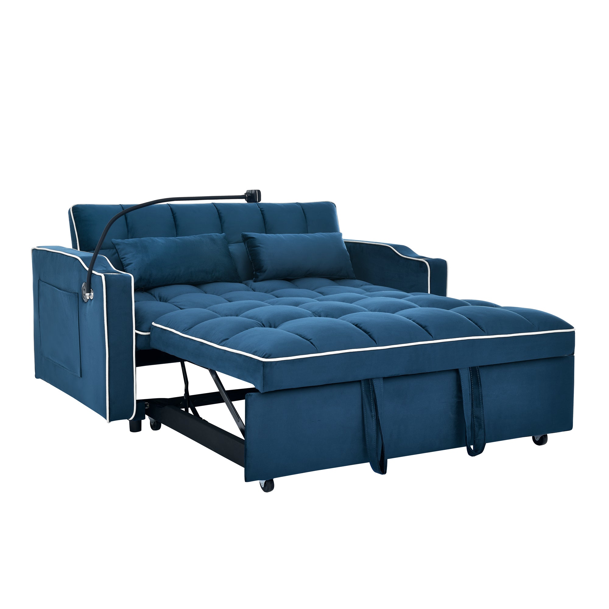 55.51" Foldable Velvet Sofa Bed with Adjustable Back, Pull-Out Design with USB Port, Ashtray, and Swivel Phone Stand, Blue