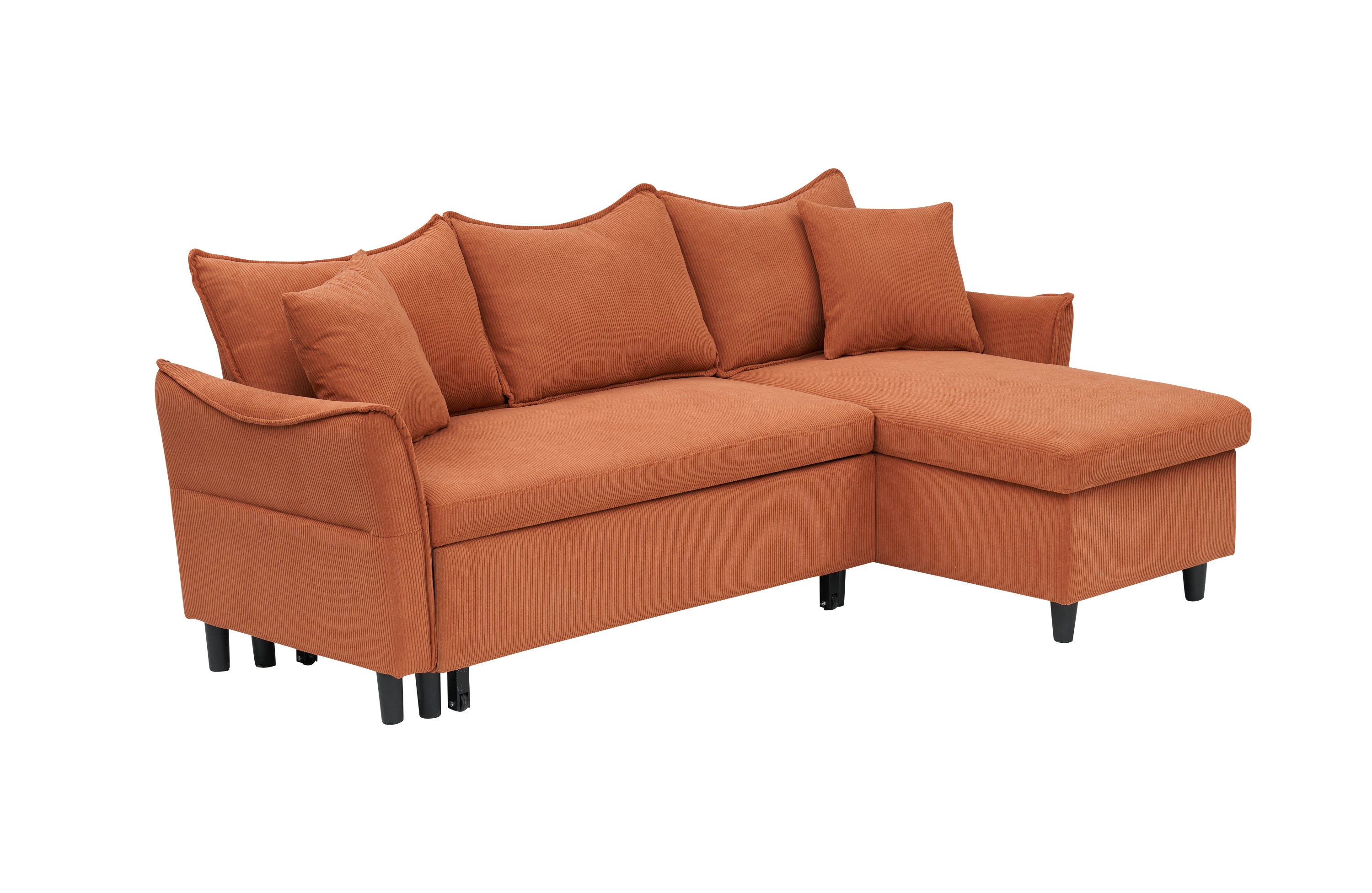 80" Orange Corduroy 3-Seater Sofa Bed With Two Small Pillows - Pull-Out Sofa With Storage For Living Room