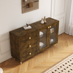 55.1" Brown Sideboard with Glass Doors & Drawers for Storage - Modern Buffet for Dining Room