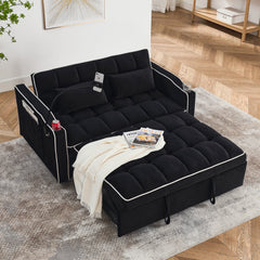 55.51" Foldable Velvet Sofa Bed with Adjustable Back, Pull-Out Design with USB Port, Ashtray, and Swivel Phone Stand, Black