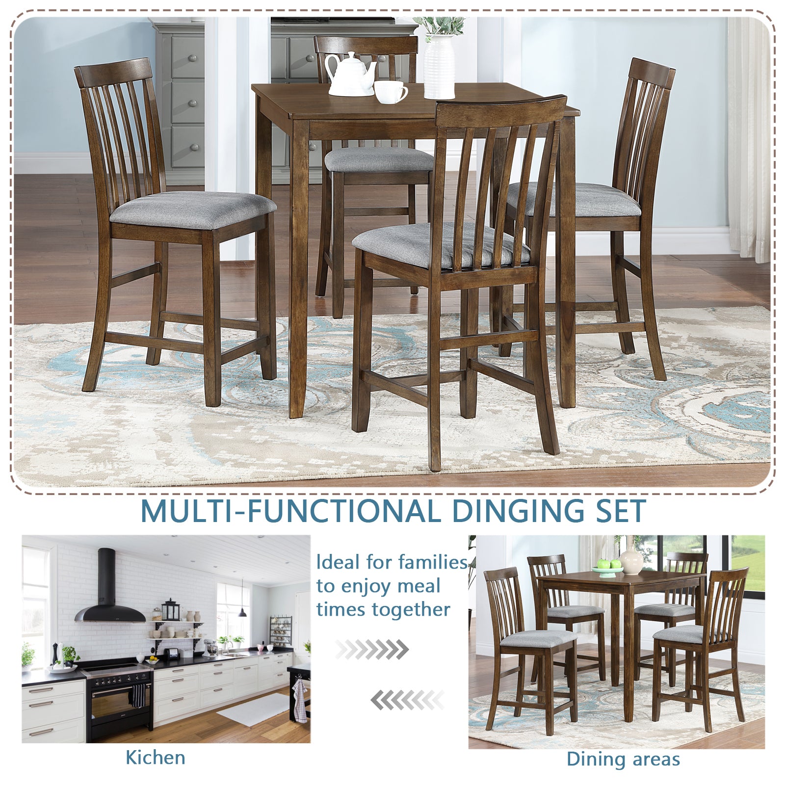 5 Piece Dining Table Set, Wooden Dining Square Table Set for 4, Counter Height Kitchen Table Set with Square Table and 4 Upholstered Chairs for Small Space, Walnut