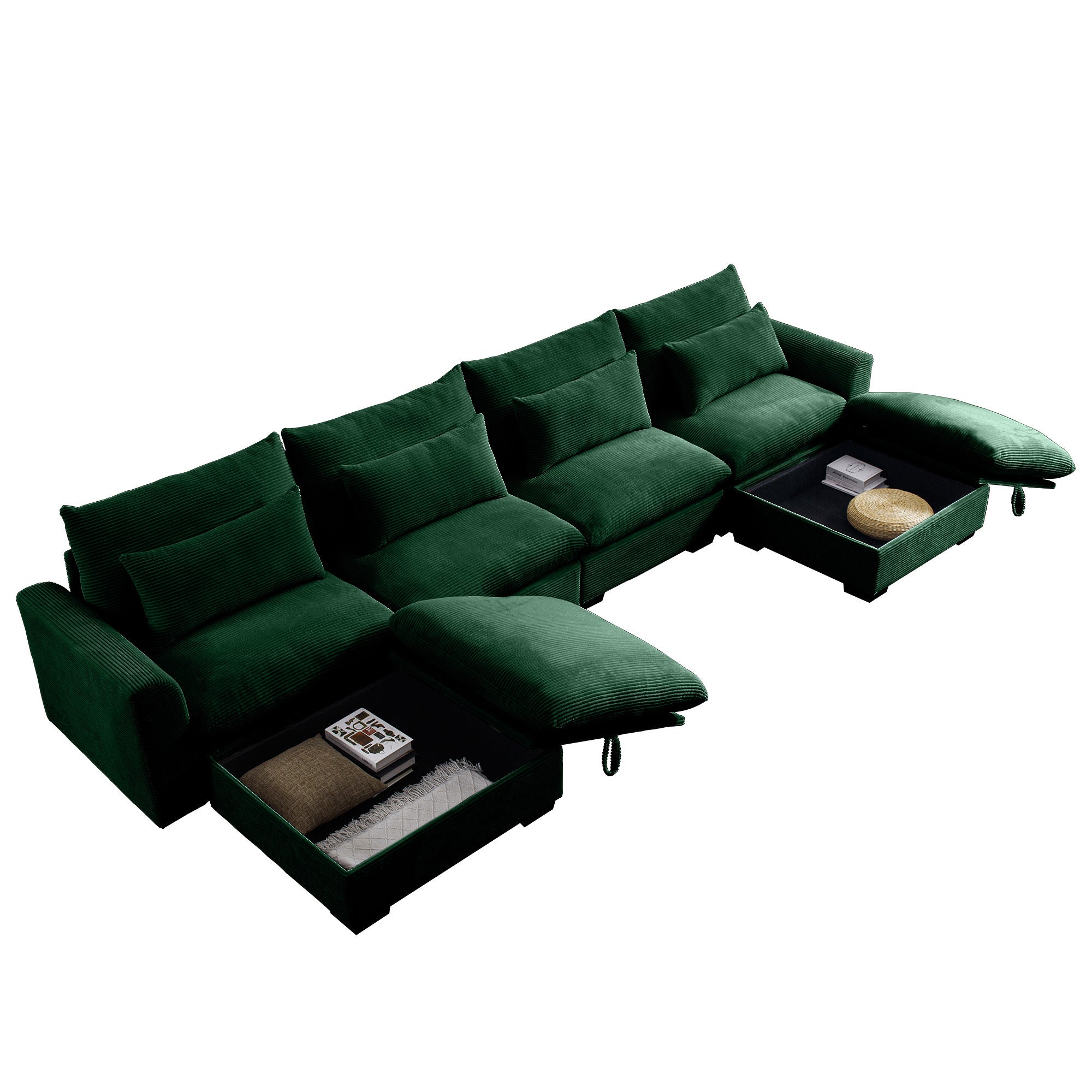 Big Deep Seat U-Shaped Corduroy Sectional Couches for Living Room, 4 Seater Sofa Couch with 2 Storage Footstool and 4 Waist Pillows (Corduroy, Green)