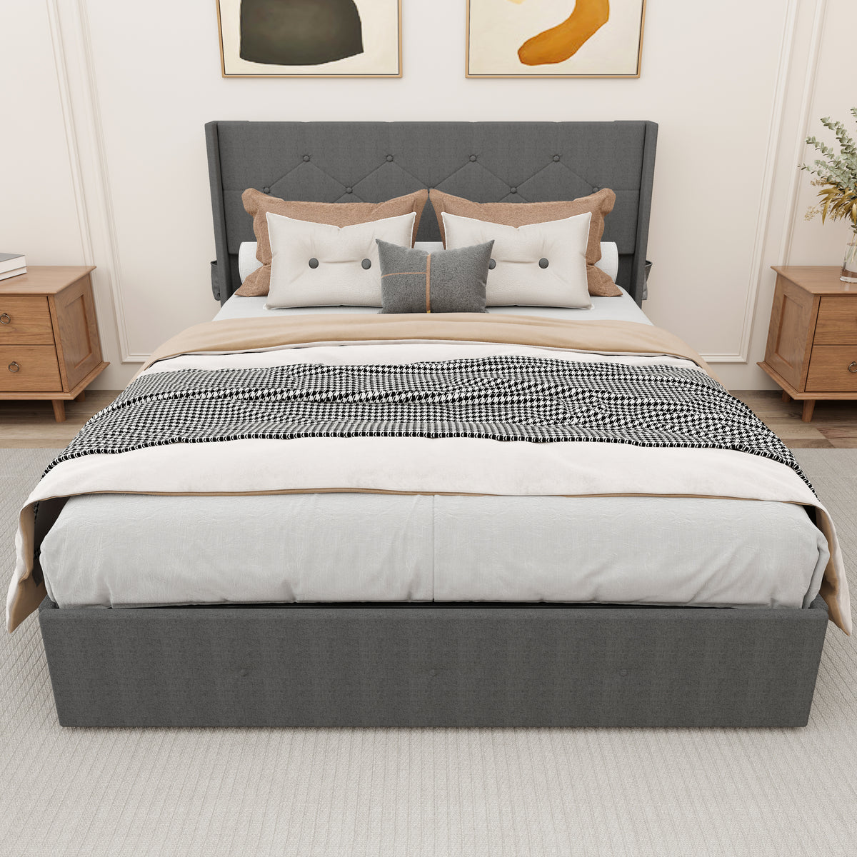 Full Size Bed Frame with Gas Lift Storage Bed with Modern Wingback Headboard, USB Ports