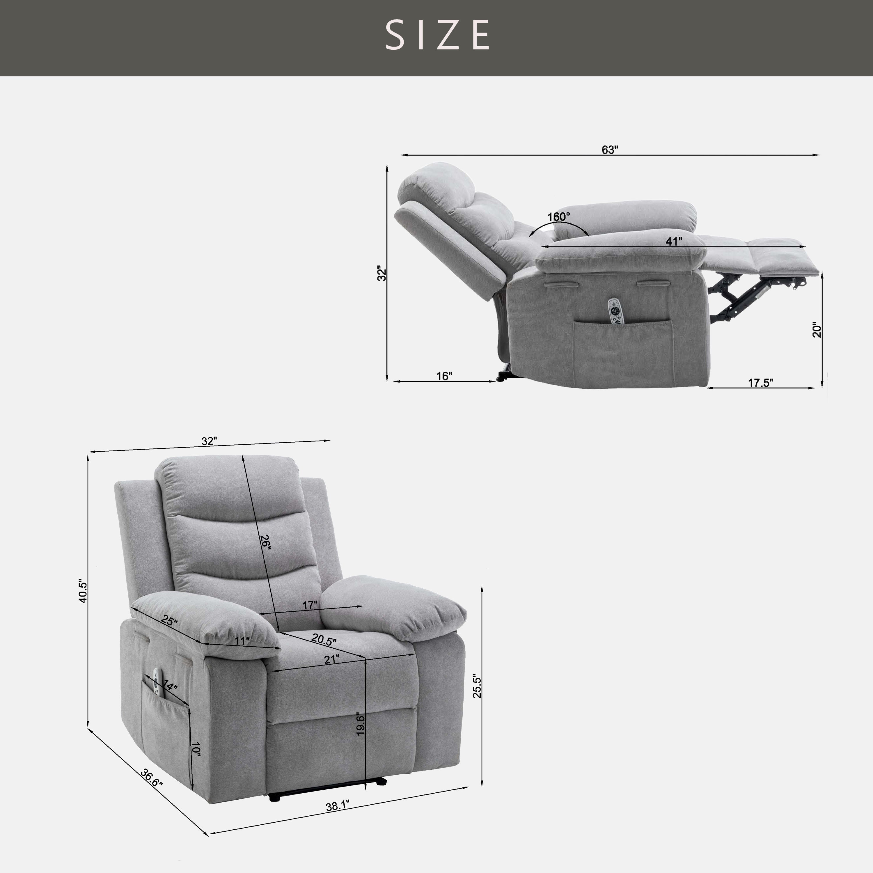 Power Recliner Chair with Adjustable Massage Function, Velvet Electric Power Chair for Elderly with One Side Pockets, Recliner Chair with Heating System for Living Room,Light Gray