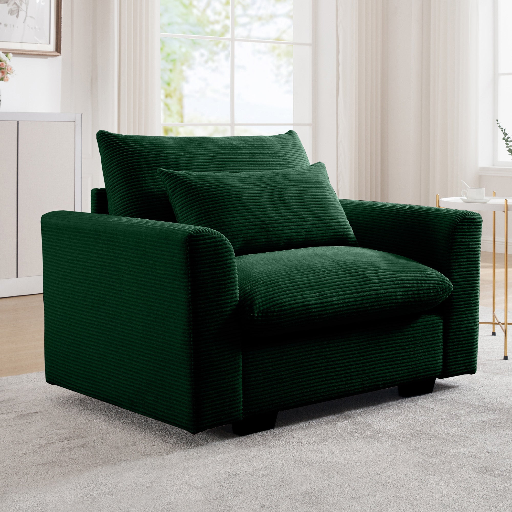 Green Corduroy Deep Seat Single Sofa Accent Chair,Deep Seat Couch with Waist Pillow for Living Room/Apartment/Office