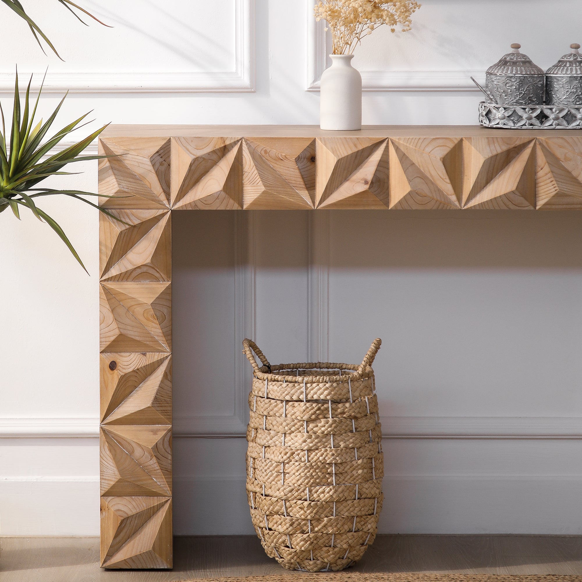 Modern Geometric Wooden Console Table – Natural Wood Finish with Handcrafted 3D Design