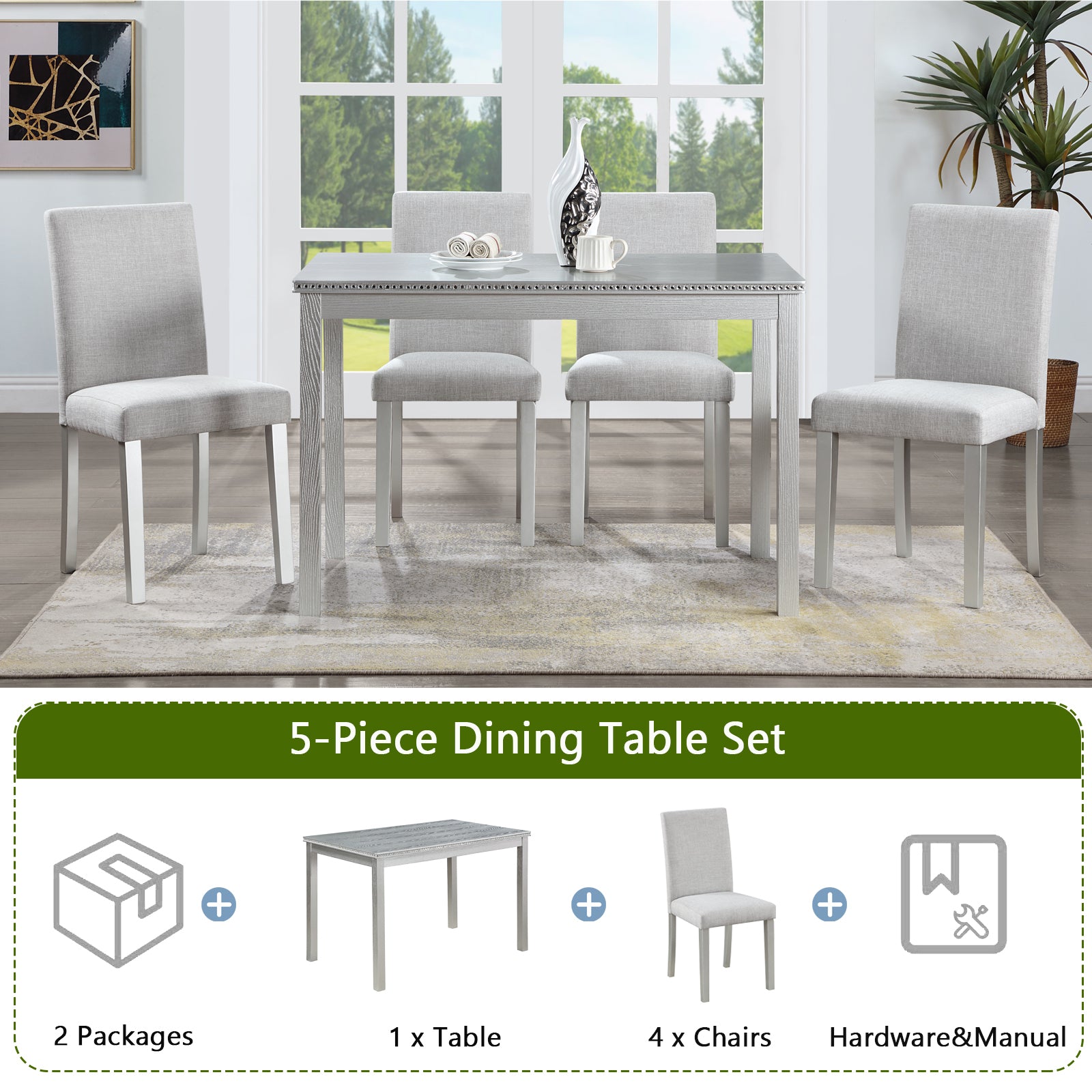 5 Piece Wooden Dining Table Set, Kitchen Table Set with a Rectangular Table and 4 Upholstered Chairs, Wooden Dining Room Table with Crystal Decoration and Chairs Set, Silver grey