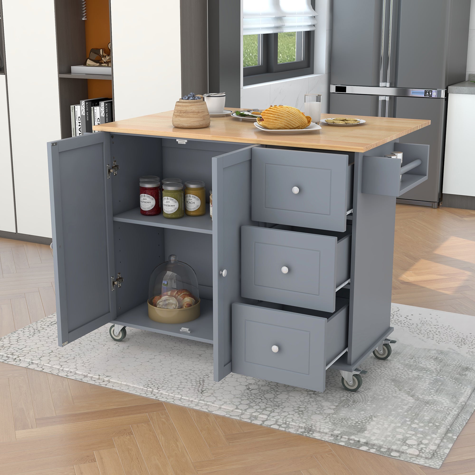 52.7" Rolling Mobile Kitchen Island with Solid Wood Top and Locking Wheels, Grey Blue