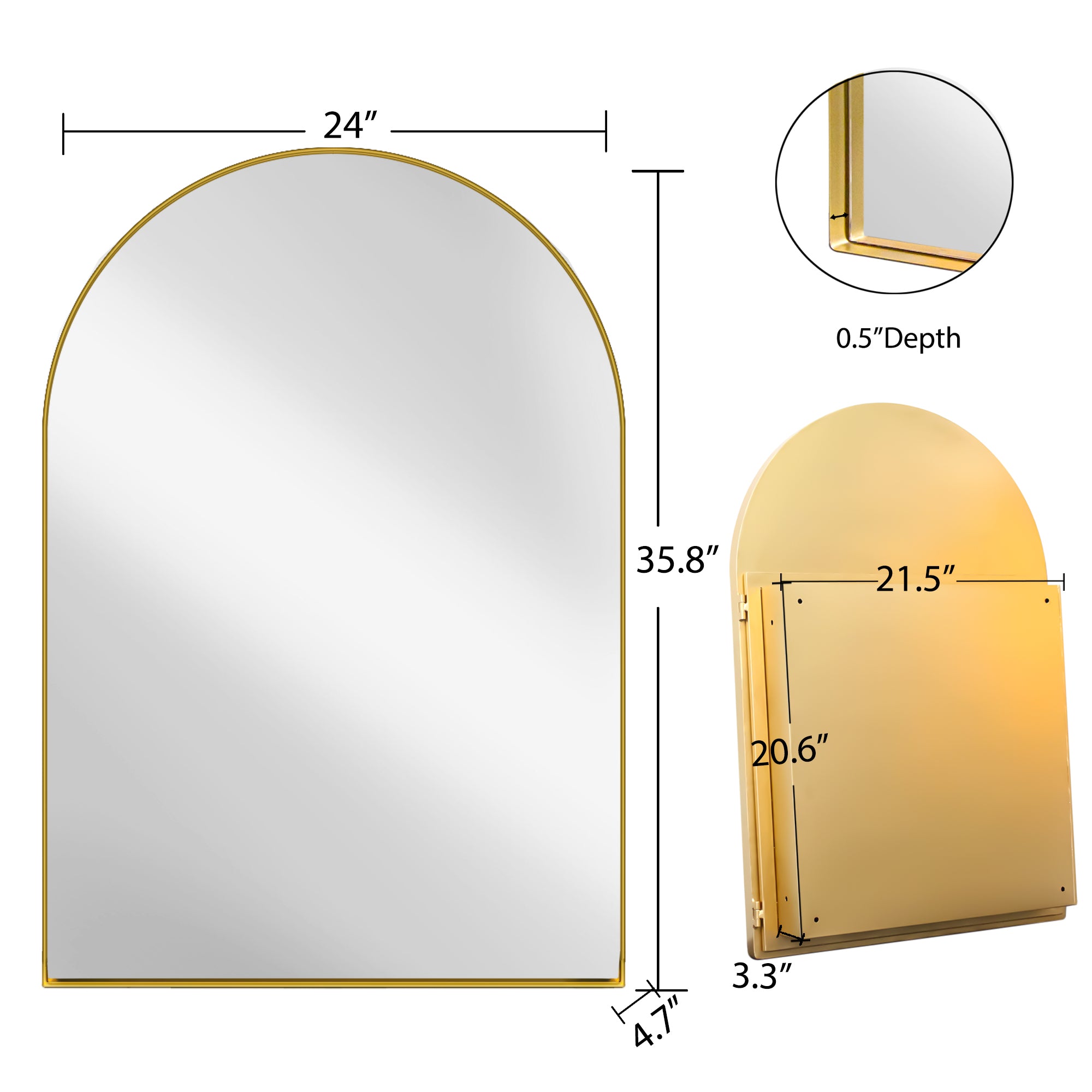 24x36 Inch Arched Recessed Medicine Cabinet, Metal Framed Bathroom Wall Cabinet with Mirror and Adjustable Shelves, Wall Mirror with Storage for Bathroom, Matte Gold