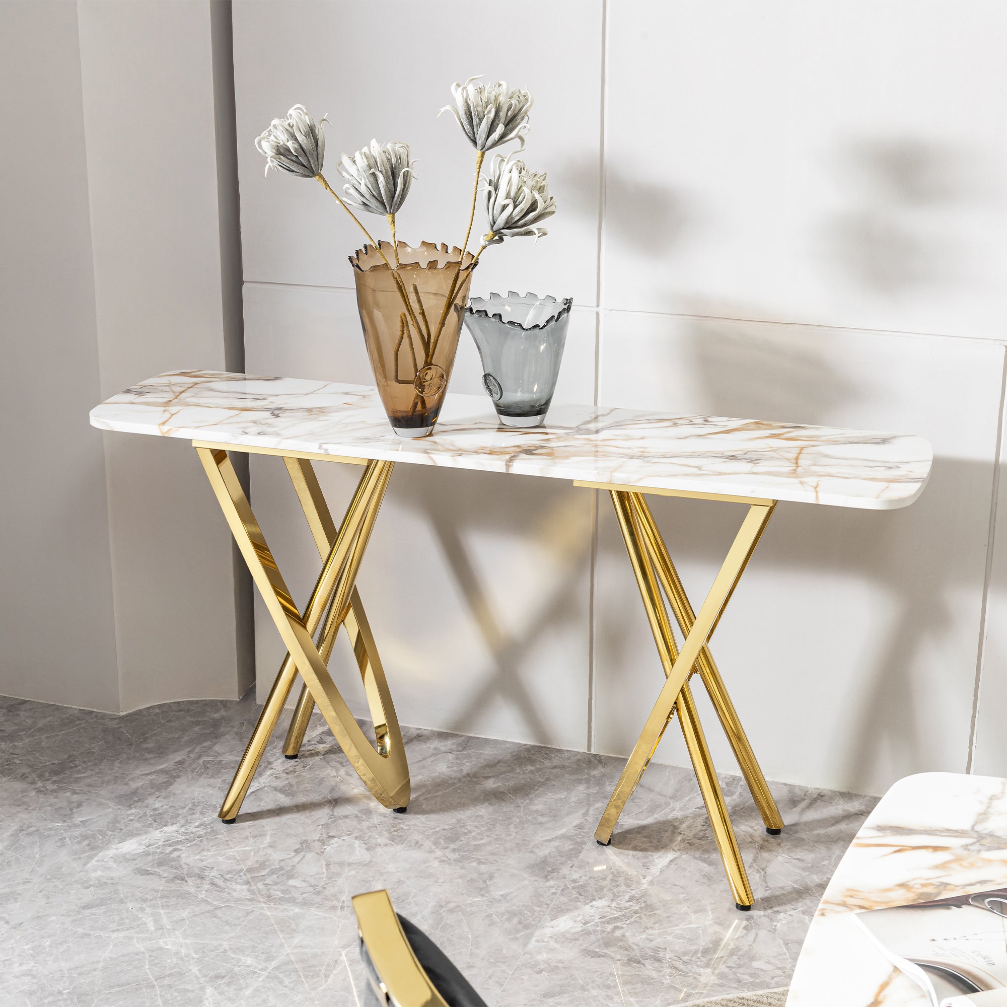Marble Pattern Console Table, Gold Steel Base, 0.78" Thick