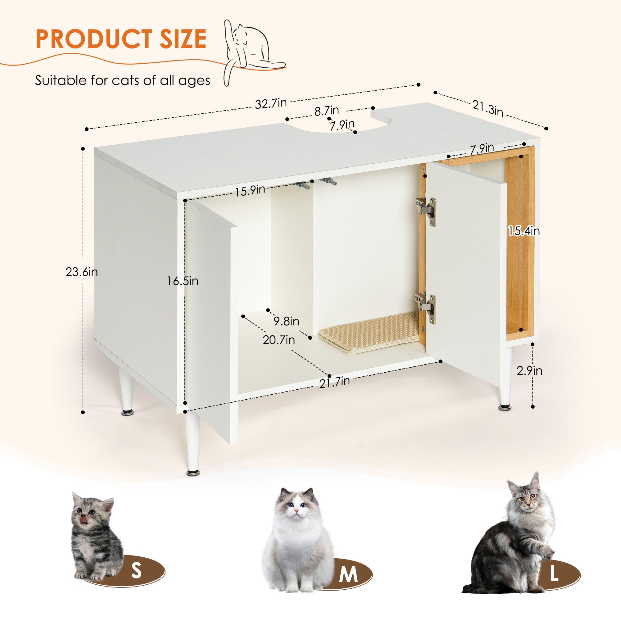 bathroom sink cabinet with Cat Litter Box enclosure, Hidden Litter Pet Washroom with Divider, Indoor Cat House for Large Cats, Wooden Cabinet Furniture, White