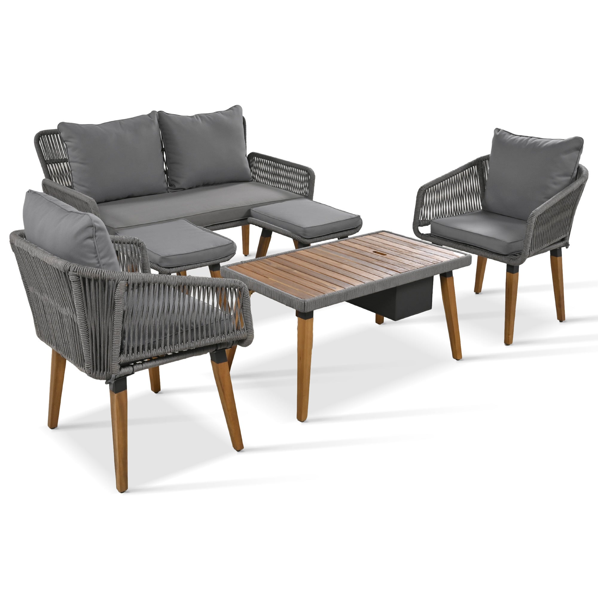 K&K 6-Piece Rope Patio Furniture Set, Outdoor Furniture with Acacia Wood Cool Bar Table with Ice Bucket , Deep Seat Patio Conversation Set with Two Stools for Backyard Porch Balcony (Grey)