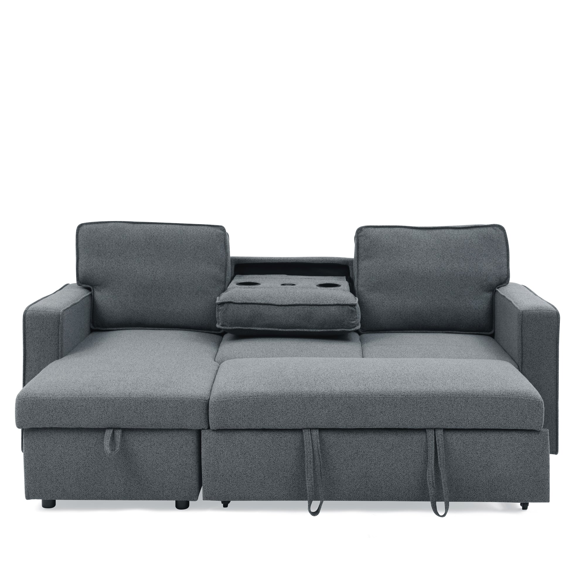 Linen Upholstered Sleeper Sectional Sofa, Shaped Modular Convertible Sofa with Storage Chaise,There are two cup holders in the middle and USB multi-interface function,Pull Out Sleep Couch Bed ,Grey