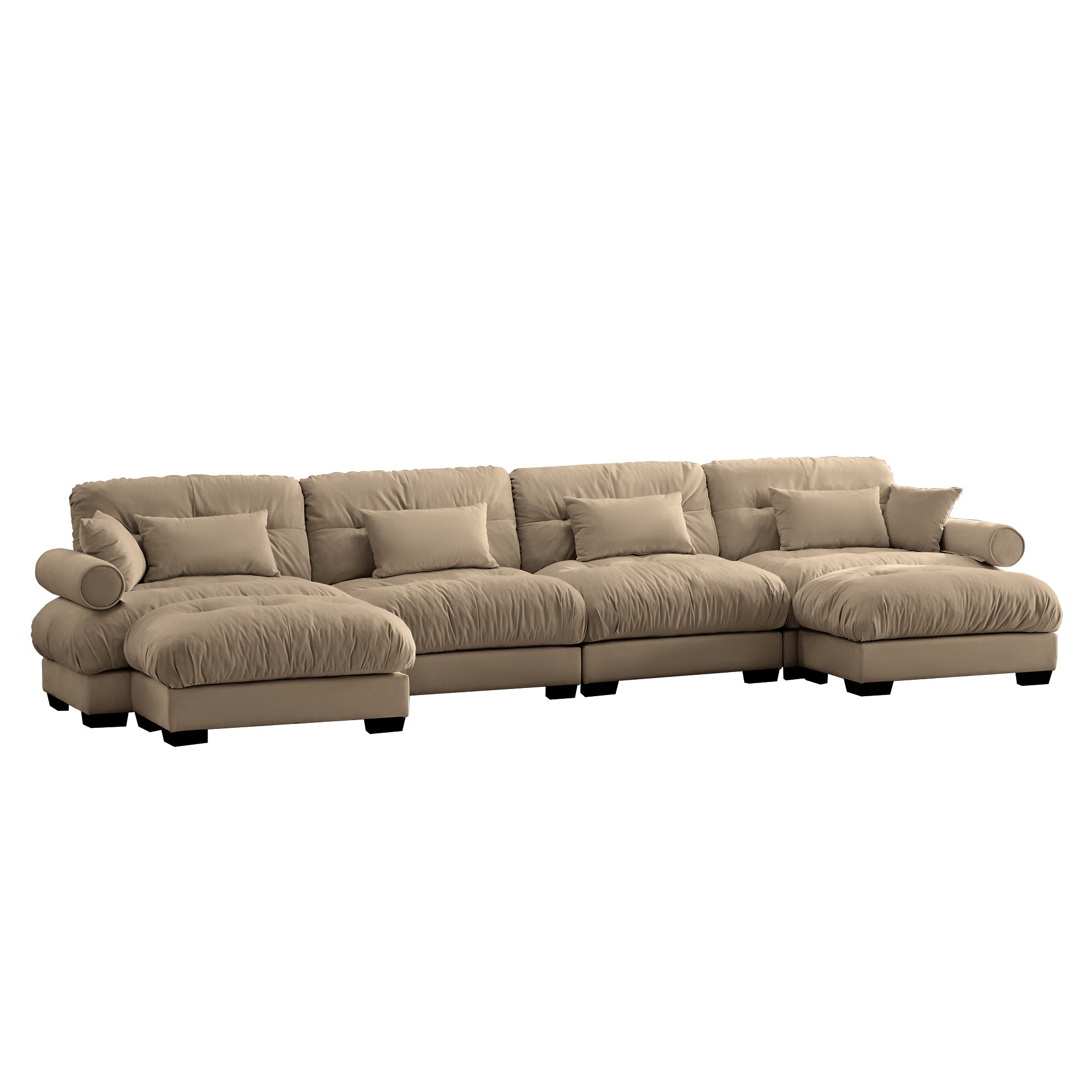 U-Shaped Velvet Sectional Cloud Couch with Movable Ottomans, Deep 4-Seater with Bolstered Armrests and Pillows, Camel