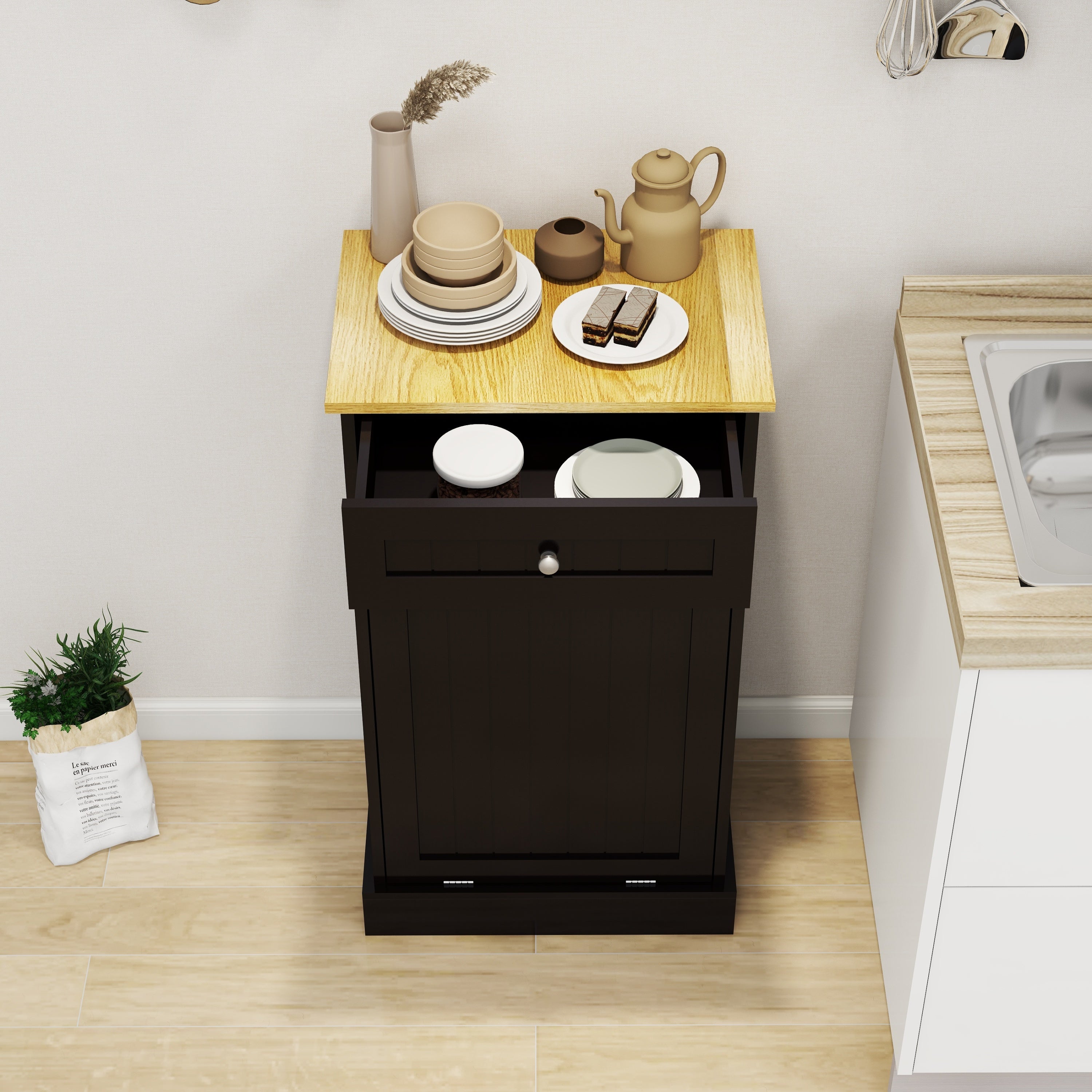 One Drawers and One-Compartment Tilt-Out Trash Cabinet Kitchen Trash Cabinet-Black