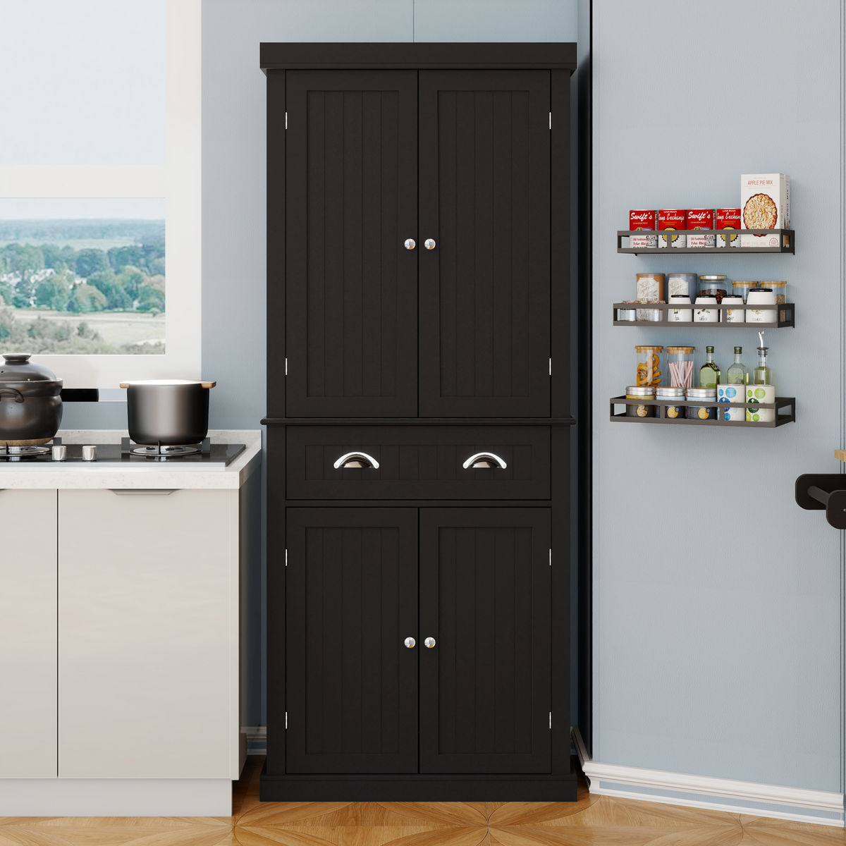 71" Kitchen Pantry Storage Cabinet , with 4 Doors, Drawer, 2 Adjustable Shelves, Freestanding Cupboard for Dining Room Living Room, Laundry-Black