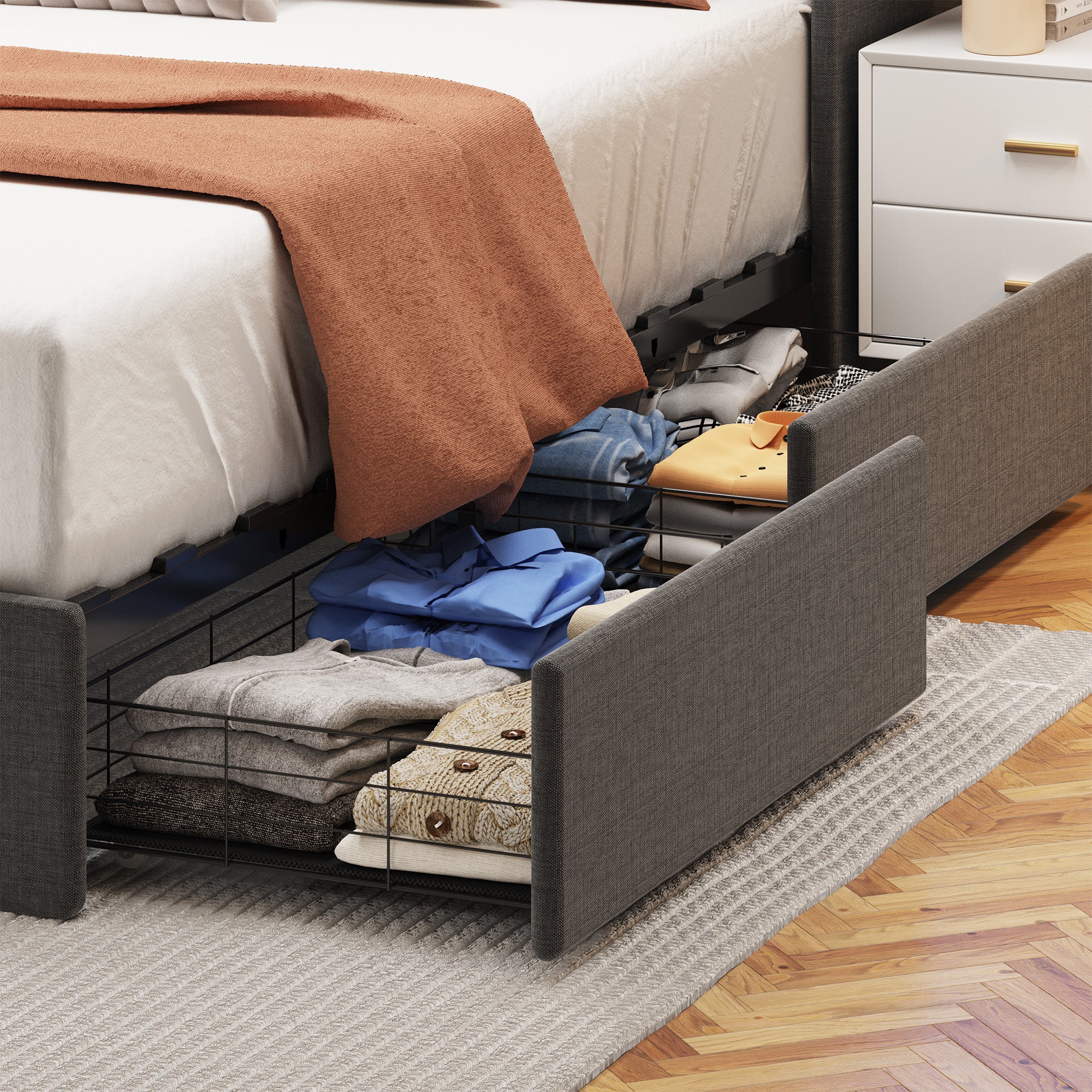 Queen Size Bed Frame with LED, 4 Under-bed Portable Storage Drawers, Wings Headboard Design, Dark Grey