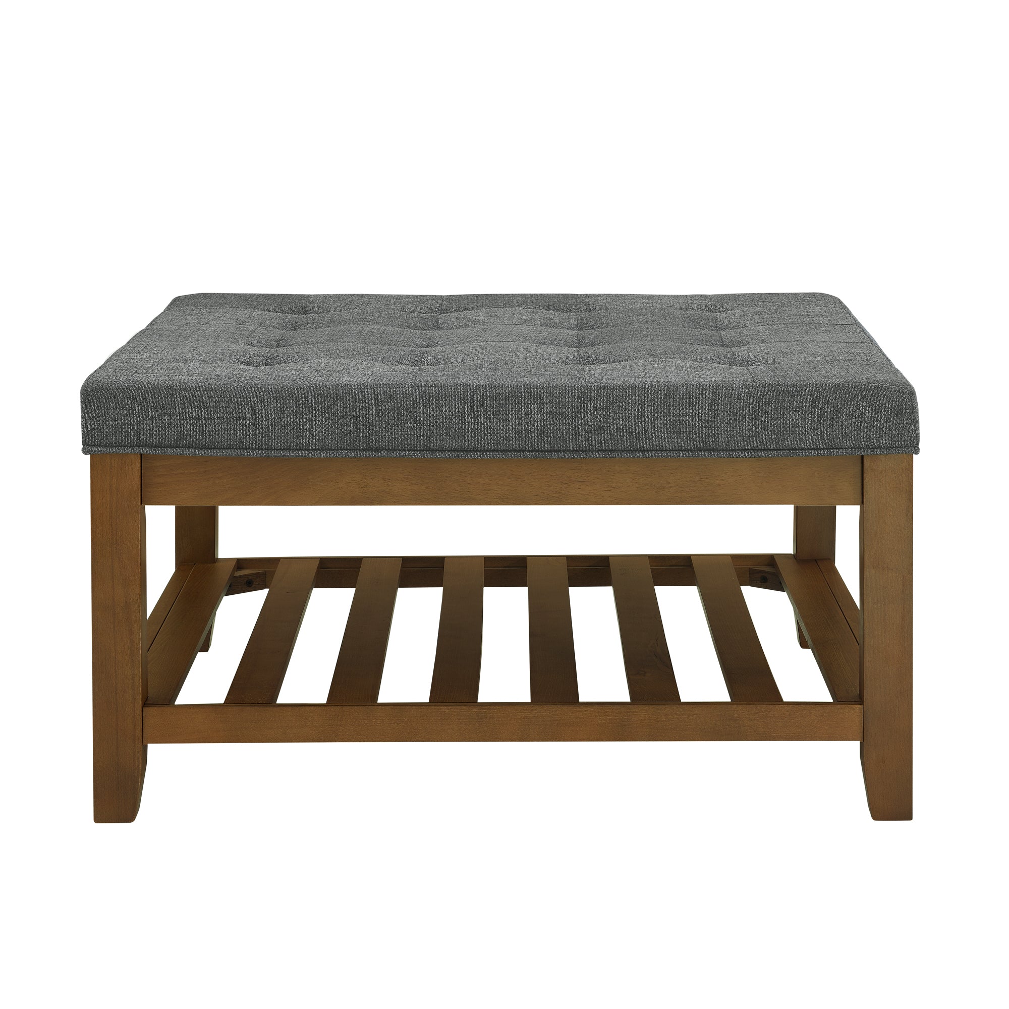 Tufted Upholstered Square Coffee Table Ottoman with Beech Wood Shelf, Oversized Footrest for Living Room, Dark Gray