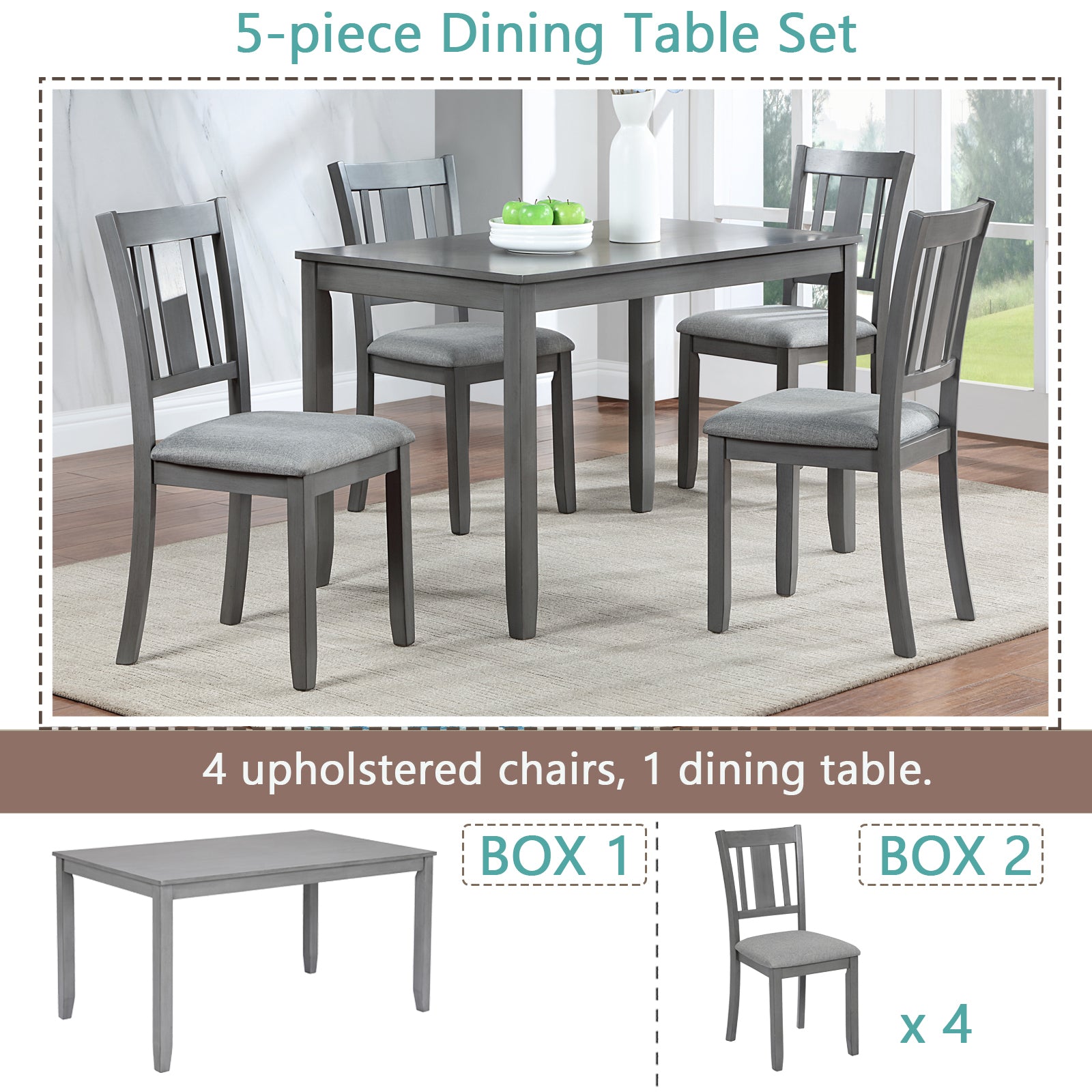 5 Piece Modern Dining Set, Rectangular Wooden Dining Table with 4 Upholstered Chairs for Kitchen, Dining Room, Gray