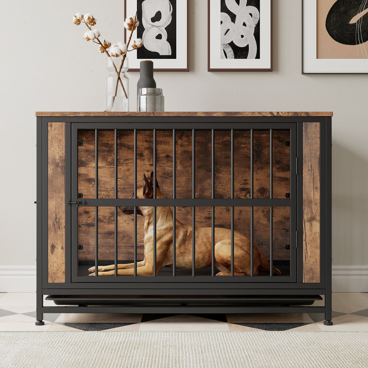 Wooden Dog Crate Furniture, 38.9" with 2 Sliding Doors, Rustic Brown