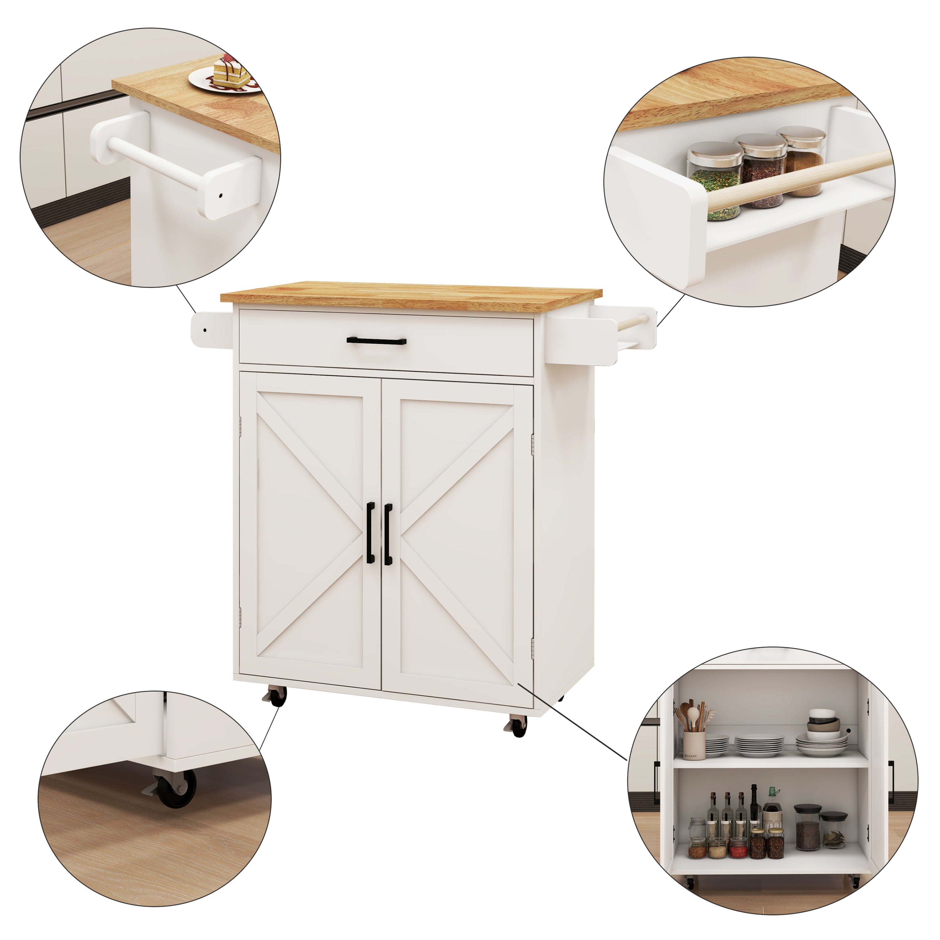 Kitchen island rolling trolley cart with Adjustable Shelves & towel rack & seasoning rack rubber wood table top-White