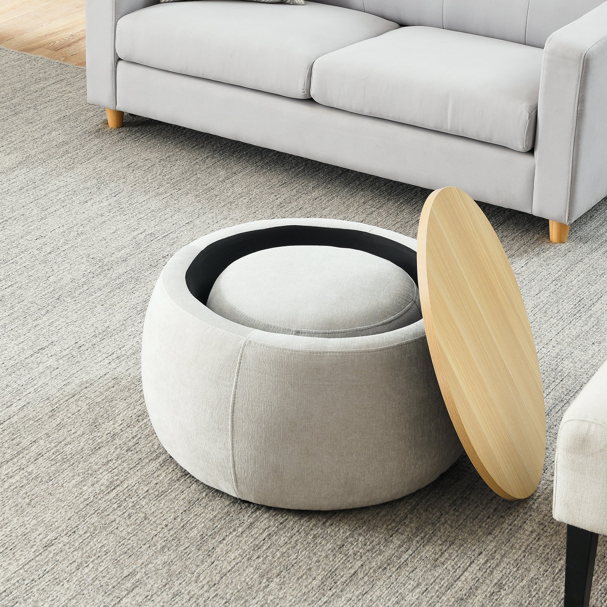 Round Storage Ottoman, 2 in 1 Function, Work as End table and Ottoman,with small seat,Light grey(25"x25"x14.7")