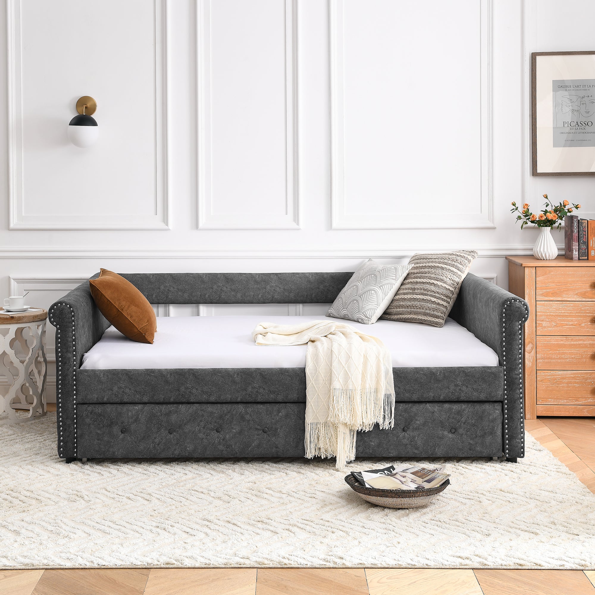 Daybed with Trundle Upholstered Tufted Sofa Bed, with Button and Copper Nail on Arms,Full Daybed & Twin Trundle, Grey(85.5"x57"x30.5")