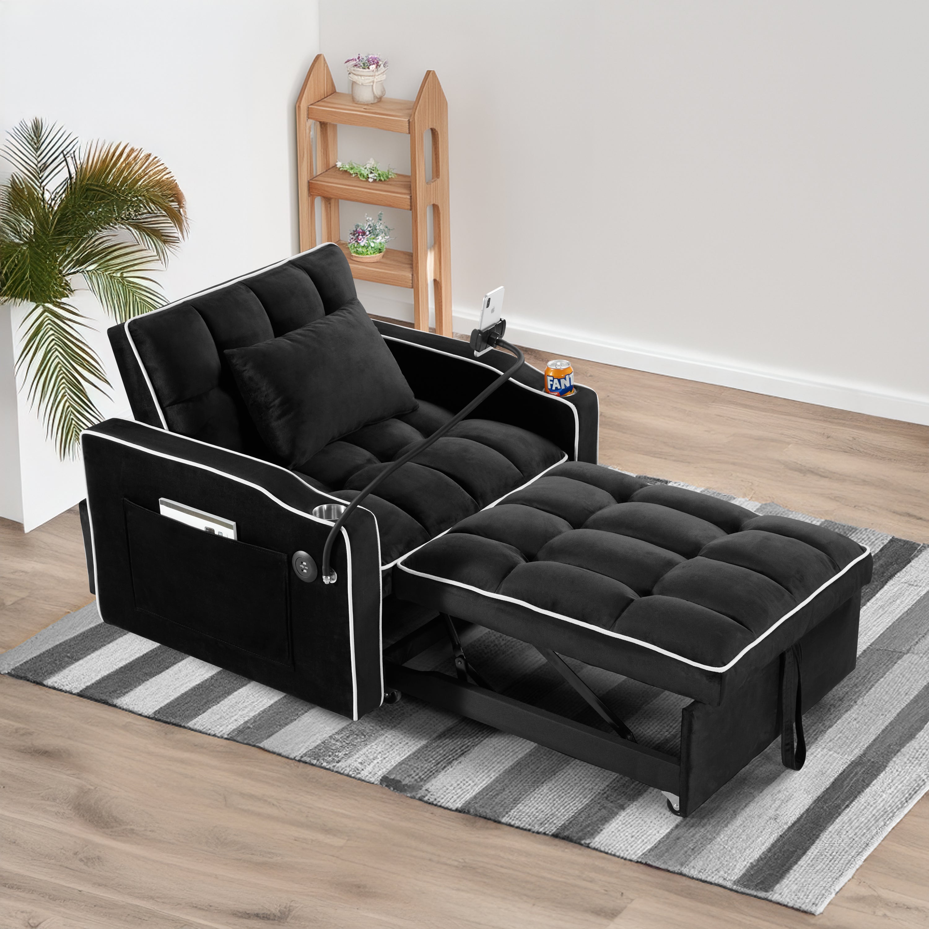 Convertible Chair Sofa Bed, Adjustable Pull-Out Design with Multi-Pockets for Living Room and Small Spaces, Black