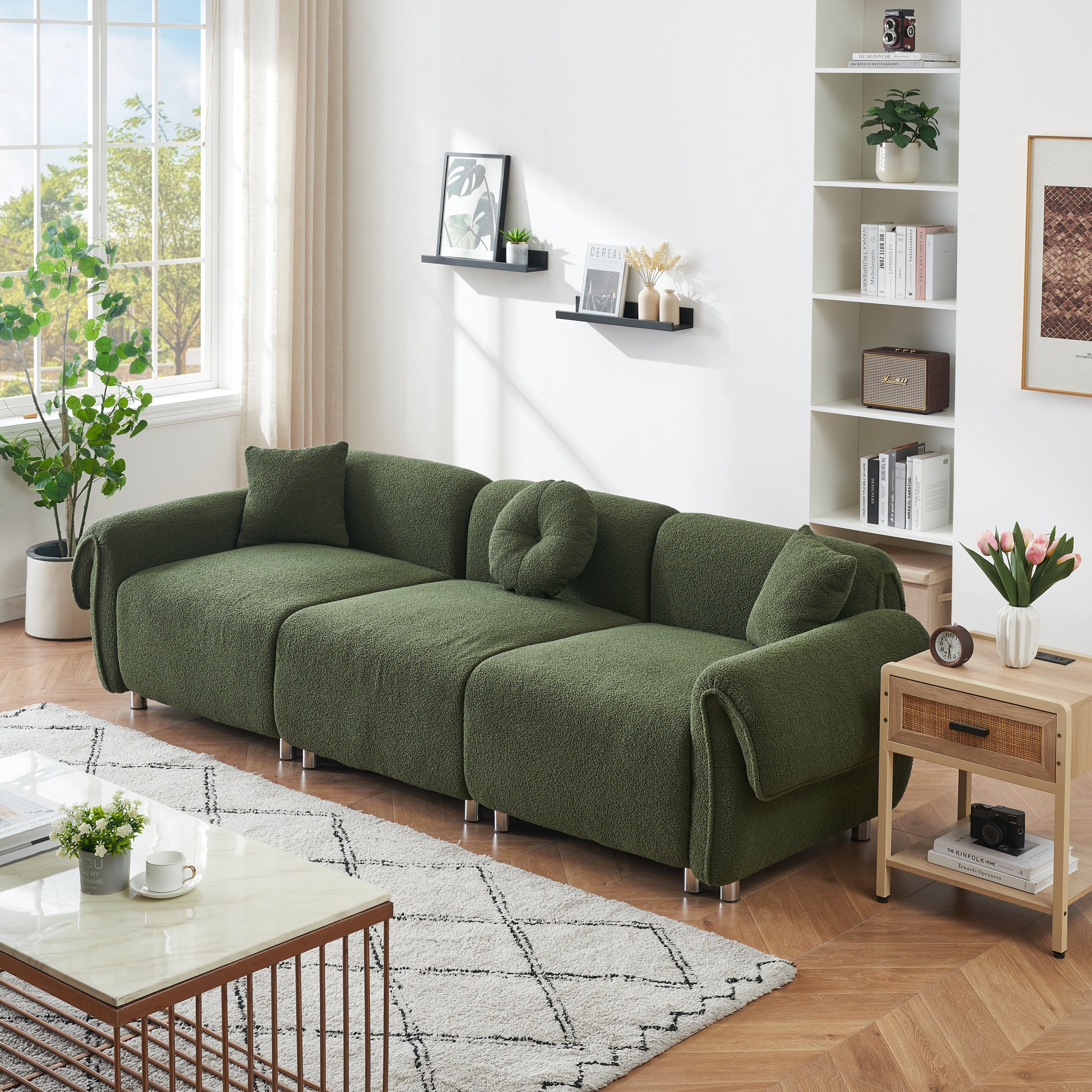 112 inches of green teddy velvet fabric, with 3 pillows, three-person sofa can be placed in the living room and other scenes Green teddy velvet fabric, with 3 pillows, three-person sofa can be placed