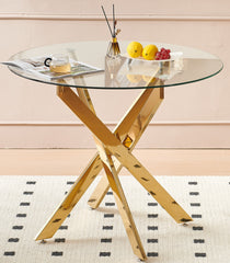 Golden Dining Table with cross metal leg and glass,Modern Space Saving Kitchen Table for Living Room