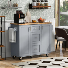 K&K Rolling Kitchen Island with 3 Drawer, 2 Slide-Out Shelf and Internal Storage Rack, Grey Blue