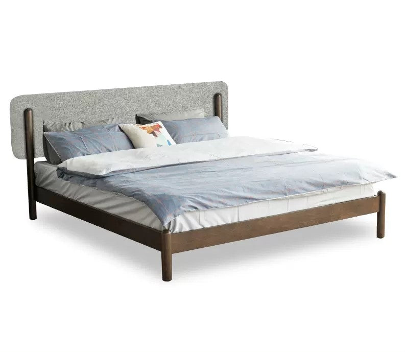 Stylish Natural Wood Bed Frame in Gray, Blue, or Brown - Oak and Pine with Cotton-Ramie Fabric Options hym-477