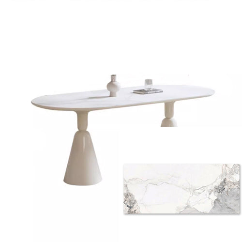 Minimalistic Oval Wooden Dining Table - Sintered Stone Top & Double Pedestals jh-078