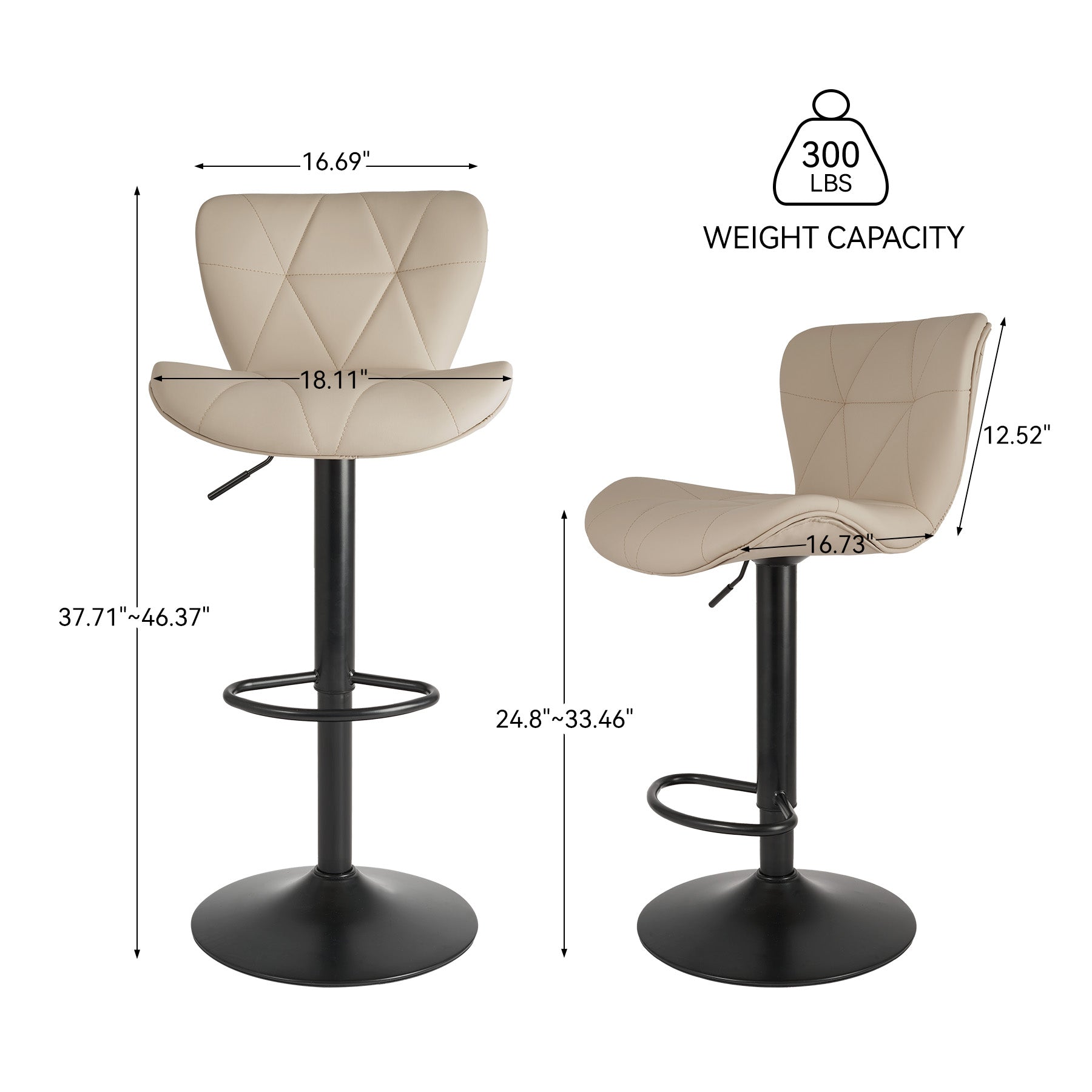 Modern Adjustable Faux Leather Bar Chair with Backrest - Stylish Black Counter Stool FU01034