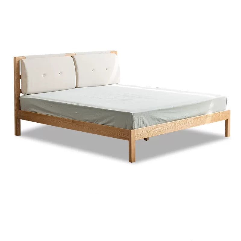 Stylish Bed with Natural Oak, Pine & Cotton-Ramie Upholstery – Elegant Brown, Off White & Gray Finish hym-630