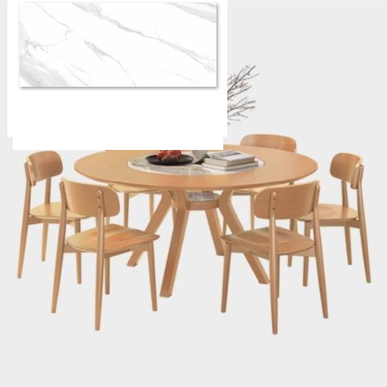 Modern Round Ash Wood Dining Table with Sintered Stone Top for 6 Seaters 4 Legs fmbs-005