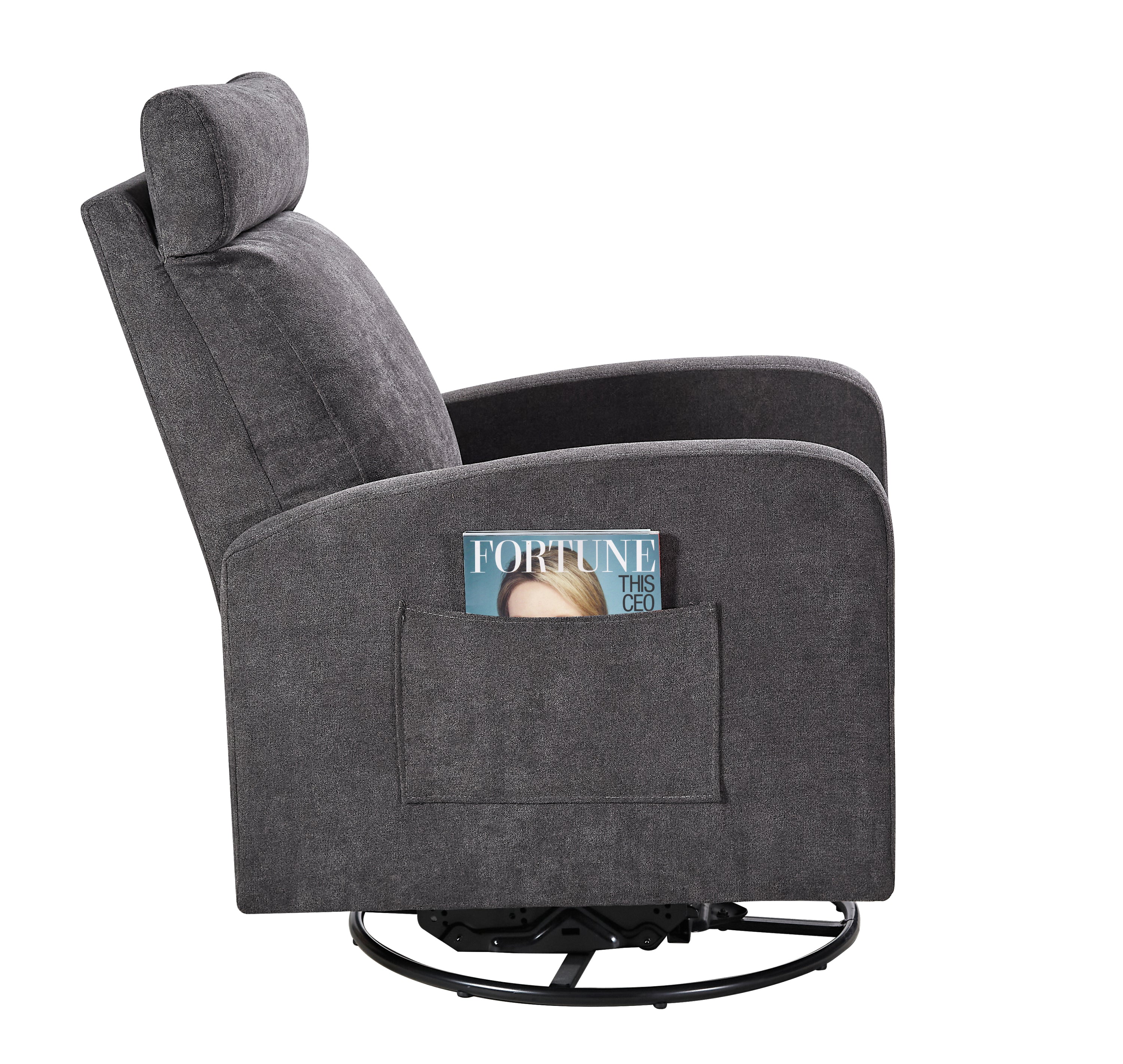 Swivel Upholstered Manual Recliner Chair, 360° Nursery Glider Rocker for Living Room, Dark Gray