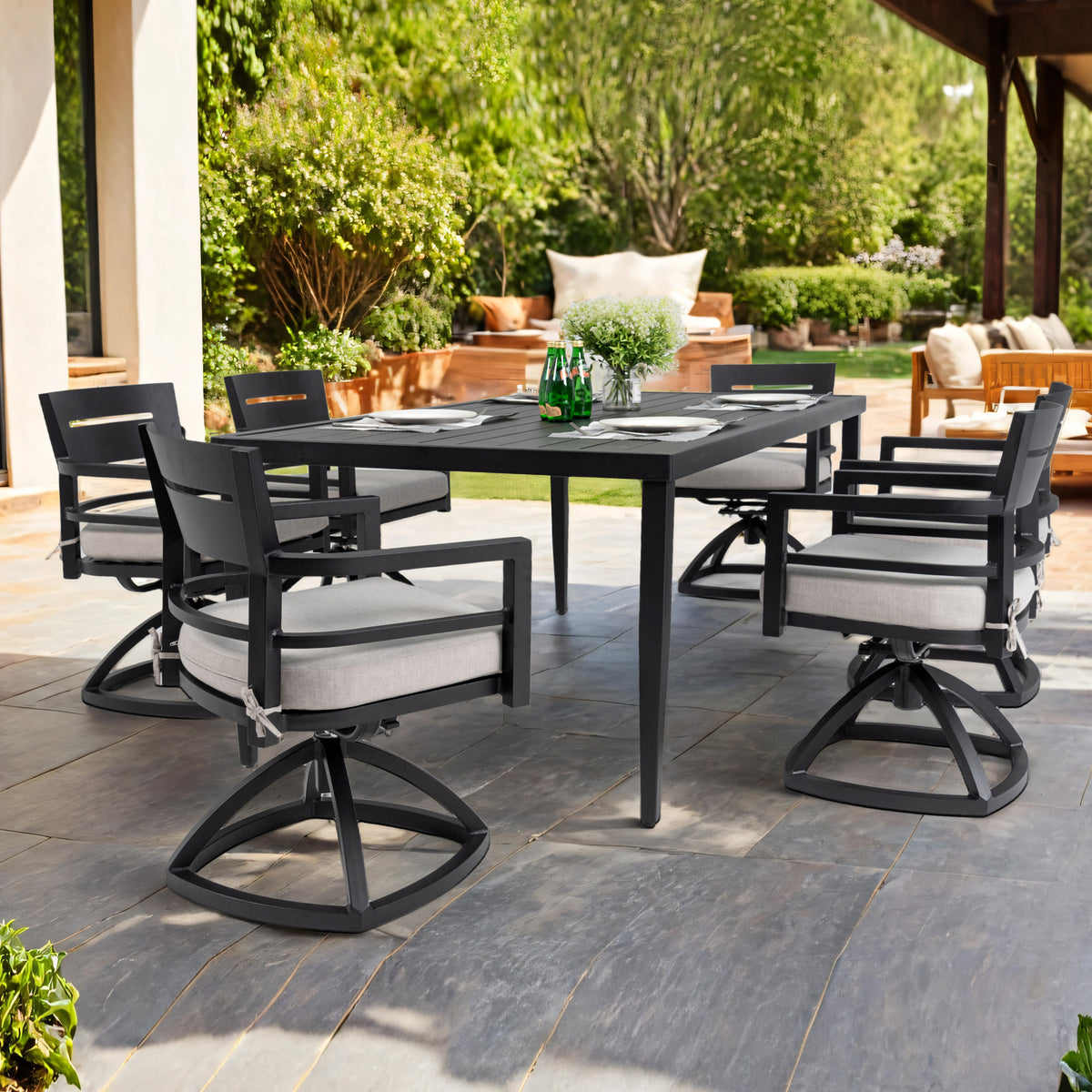 7-Piece Outdoor Patio Aluminum Furniture, Modern Dining Set, including 6 Swivel Rockers Sunbrella Fabric Cushioned and Rectangle Dining Table with Umbrella Hole, Ember Black