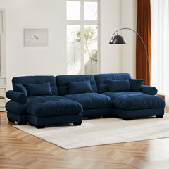 U-Shaped Modular Sectional Sofa with Movable Ottomans, Modern 3-Seater Corner Couch with Pillows and Bolstered Armrests, Blue