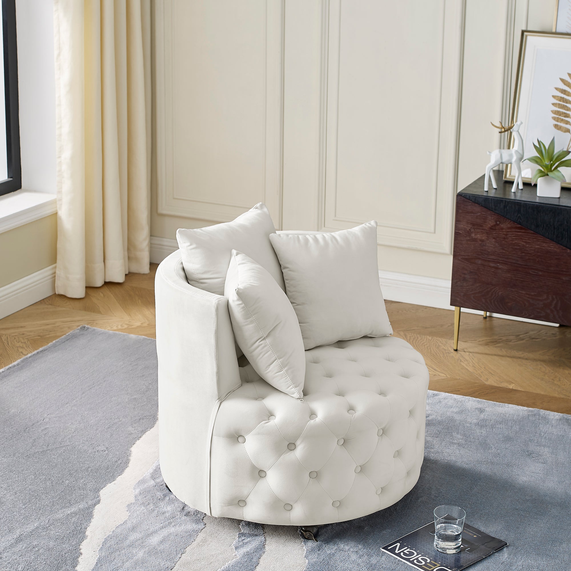 Velvet Upholstered Swivel Chair for Living Room, with Button Tufted Design and Movable Wheels, Including 3 Pillows, Beige