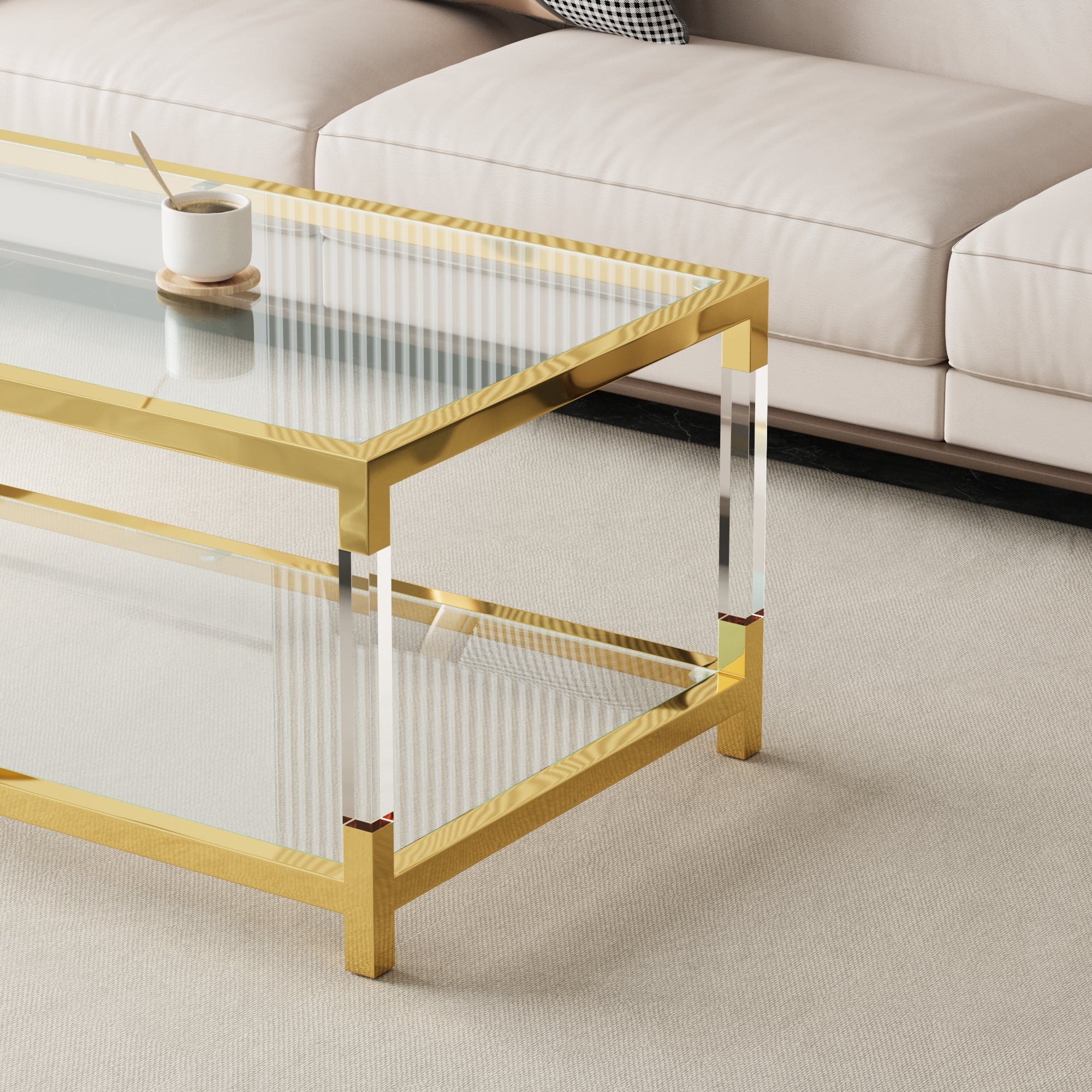 Modern minimalist living room furniture set, stylish transparent acrylic leg coffee table, square edge table, tempered glass face tea table combination gold end table