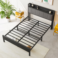Full Bed Frame with Storage Headboard & Charging Station