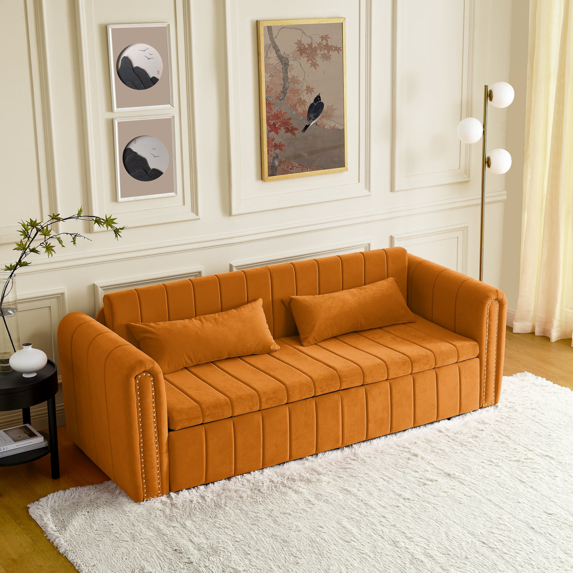 3 in 1 Pull-Out Bed Sleeper, Modern Upholstered 3 Seats Lounge Sofa & Couches with Rolled Arms Decorated with Copper Nails , Convertible Futon 3 Seats Sofabed with Two Drawers and Two Pillows