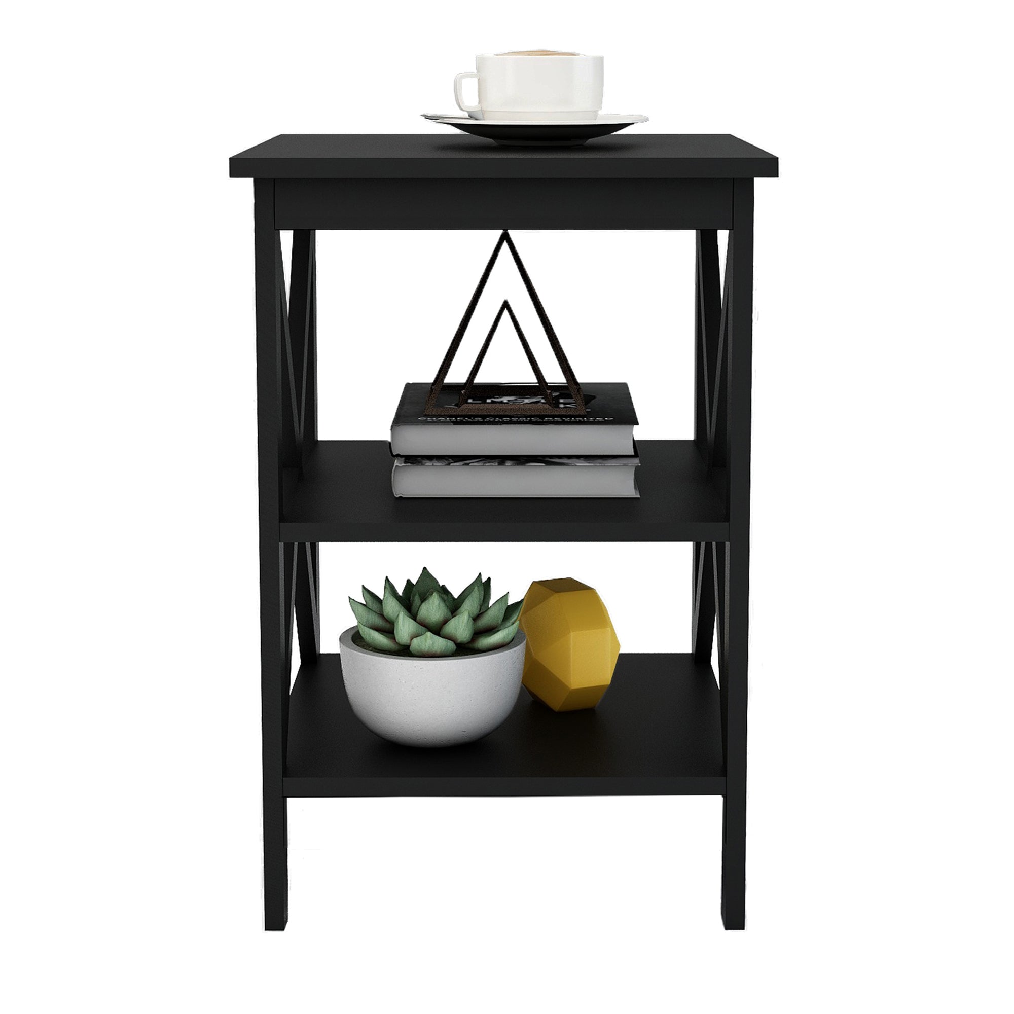 Modern Black MDF End Table with Tiers for Storage - Minimalistic Design for Living Room