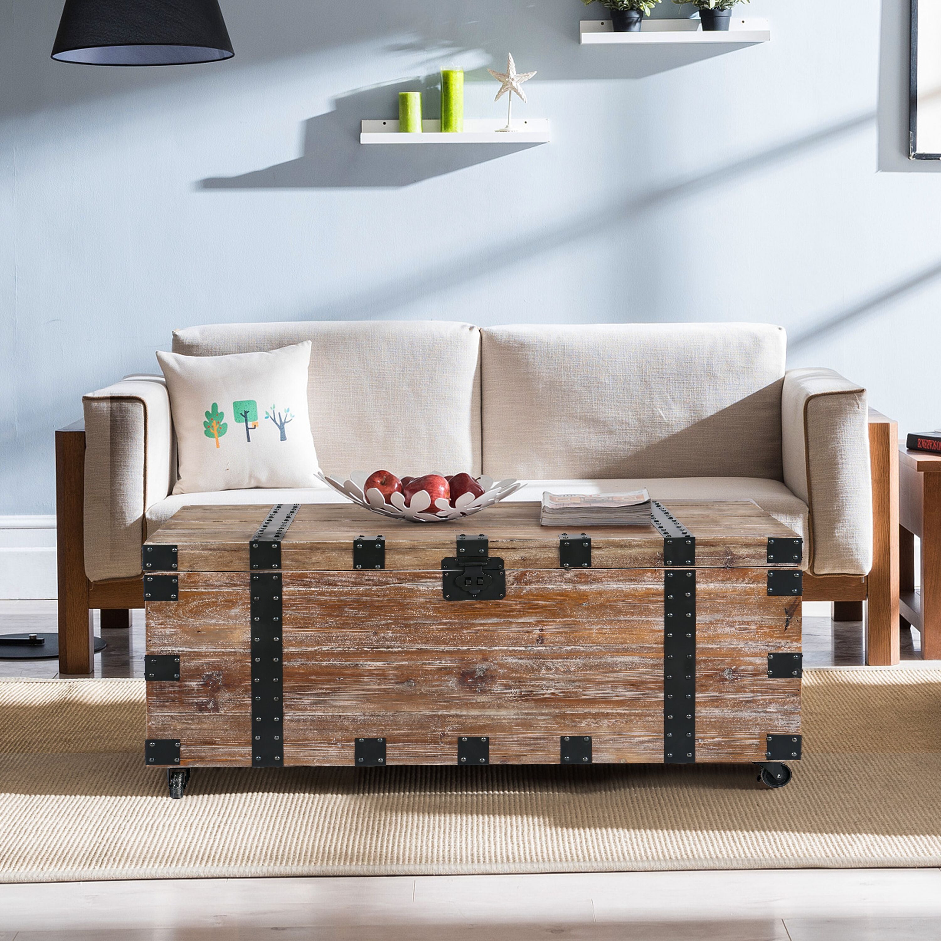 Antique Reclaimed Wood Gray Trunk Table And Side Table S/3 with Large Storage Dress Up Your Liviing Room