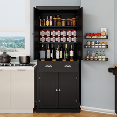 71" Kitchen Pantry Storage Cabinet , with 4 Doors, Drawer, 2 Adjustable Shelves, Freestanding Cupboard for Dining Room Living Room, Laundry-Black