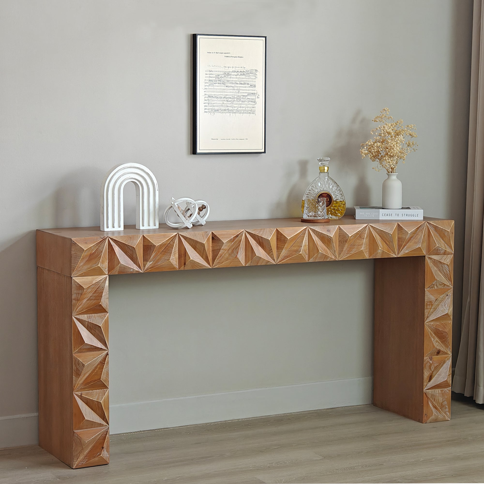 Modern Geometric Wooden Console Table – Dark Brown Finish with Handcrafted 3D Design