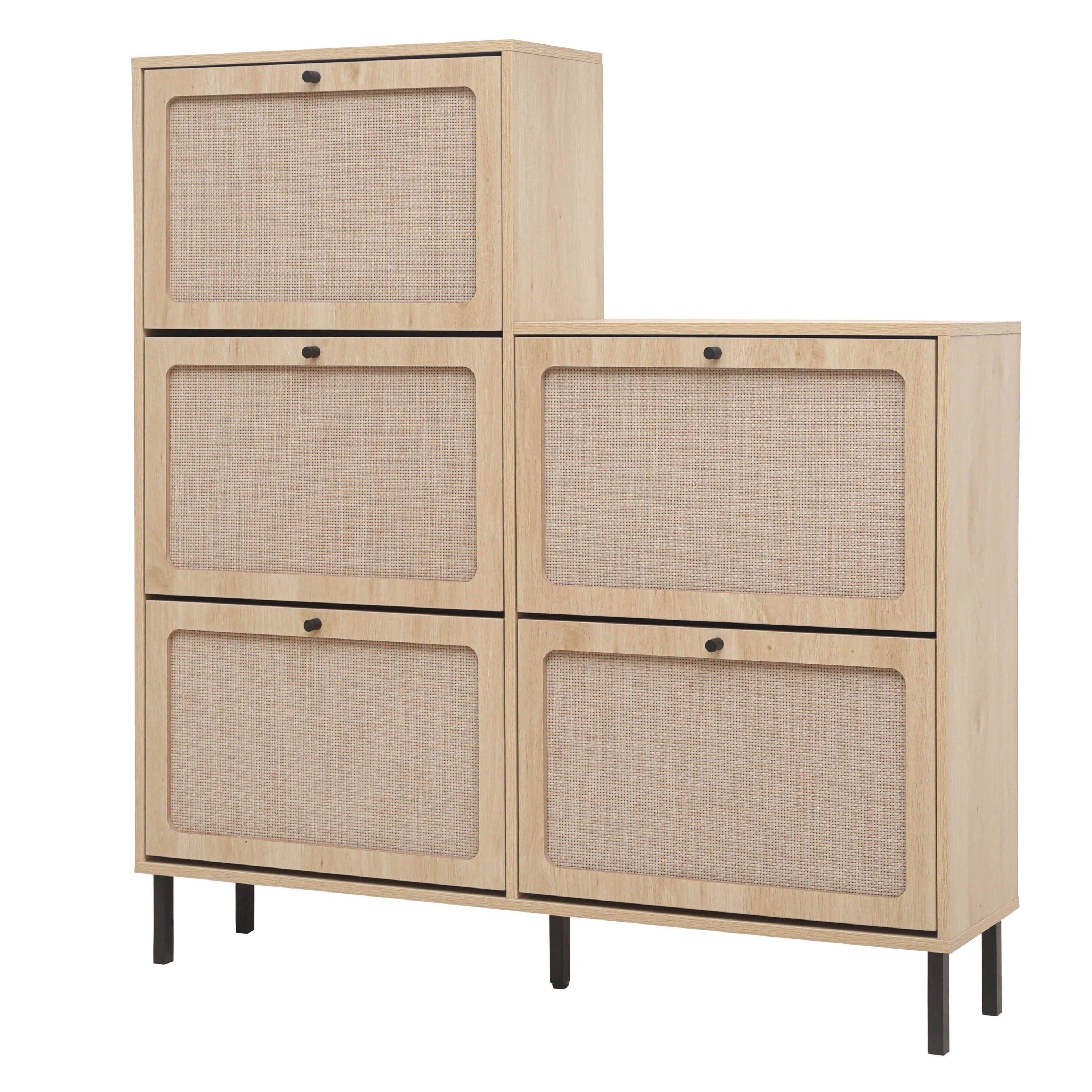 Rattan 5 Door Shoe Rack, Freestanding Modern Shoe Storage Cabinet, for Entryway