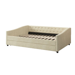 Full Size Daybed with Twin Size Trundle Upholstered Tufted Sofa Bed, with Button on Back and Copper Nail on Waved Shape Arms-Beige